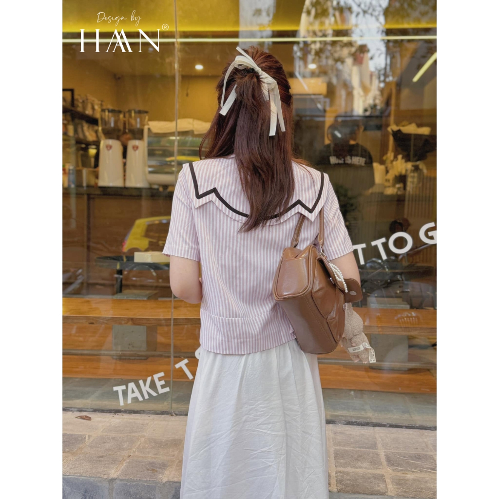 Áo Sơ Mi Nữ Kẻ Hồng Cộc Tay Cổ Thủy Thủ Dáng Ngắn Chất Thô Mềm Kiểu Hàn Quốc - SM70