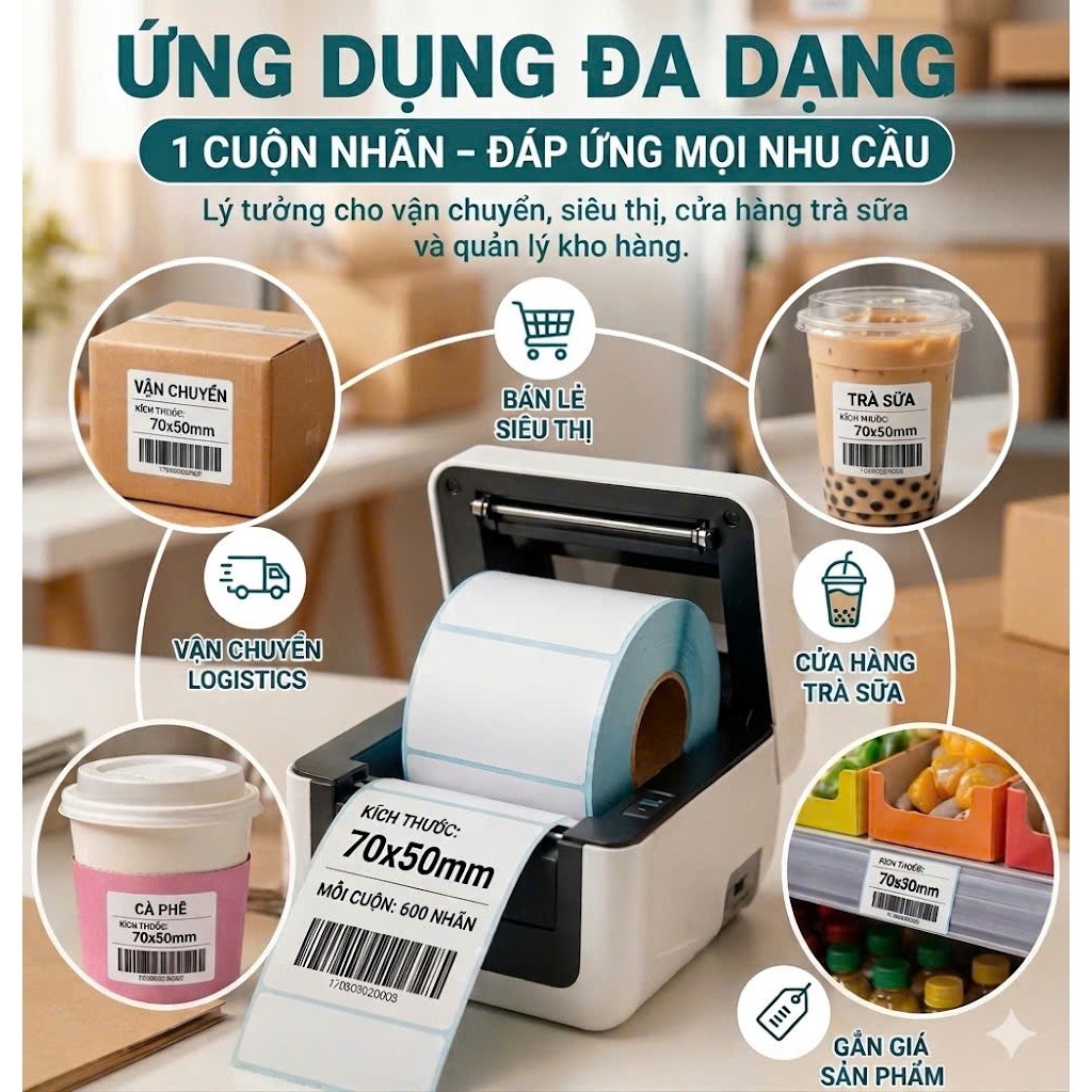 600 Tờ Decal nhiệt in tem nhãn 70x50 mm cuộn 30 Mét 7x5 giấy nhiệt có lớp dán 70*50 giấy in mã vạch in tem vận chuyển