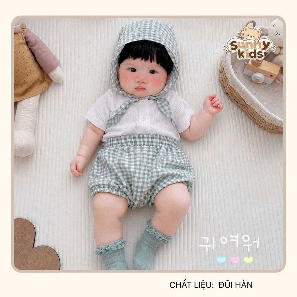 |SUNNYKIDS| set đồ em bé quần bí kẻ chất đũi hàn áo tăm gân đũa siêu đáng yêu cho bé gái( tặng kèm khăn mỏ quạ )