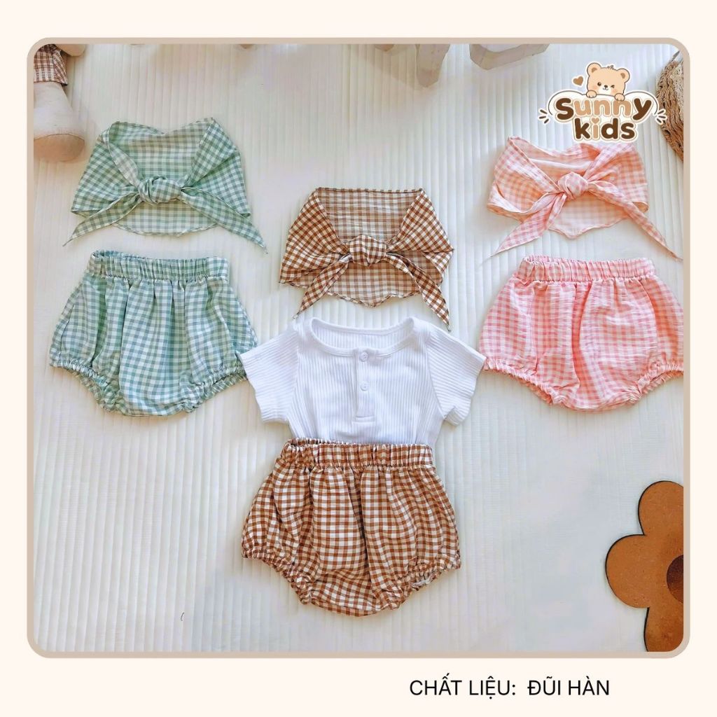 |SUNNYKIDS| set đồ em bé quần bí kẻ chất đũi hàn áo tăm gân đũa siêu đáng yêu cho bé gái( tặng kèm khăn mỏ quạ )