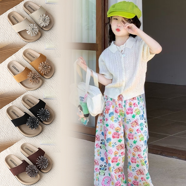 Dép bé gái Bella Neman đính hoa đá pha lê, đế mềm chống trượt, ba màu đen nâu be mùa hè