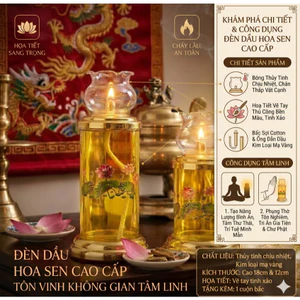 Đèn Dầu Thờ Hoa Sen Vẽ Tay Tinh Xảo (Cao 12cm - 18cm) - Bóng Thủy Tinh Chịu Nhiệt Cháy Lâu An Toàn