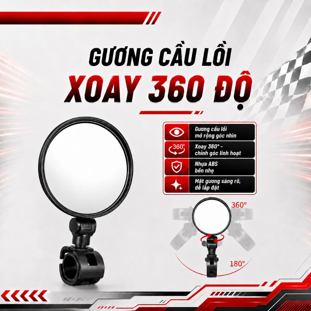 Gương Cầu Lồi Xoay 360 Độ Cho Xe Máy Xe Đạp, Nhựa ABS, Chống Mưa, Dễ Lắp Ráp