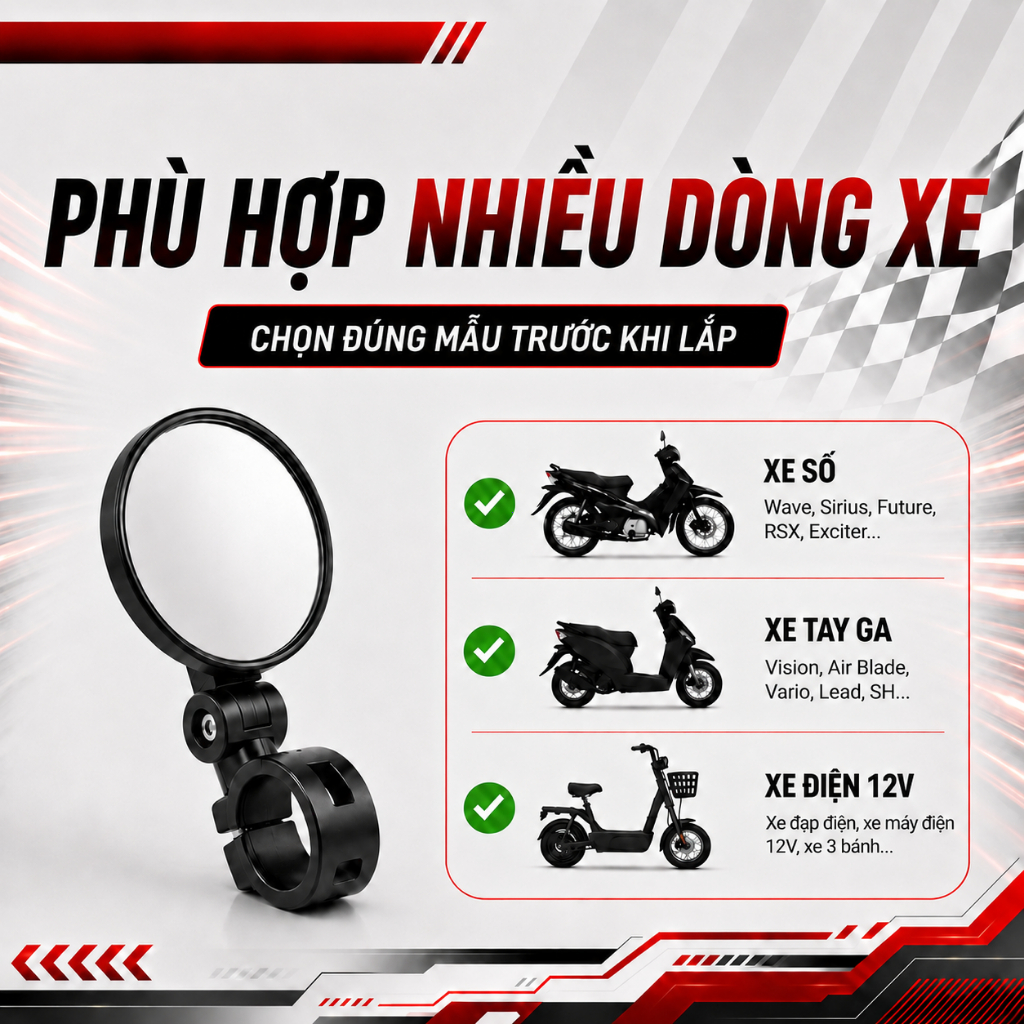Gương Cầu Lồi Xoay 360 Độ Cho Xe Máy Xe Đạp, Nhựa ABS, Chống Mưa, Dễ Lắp Ráp