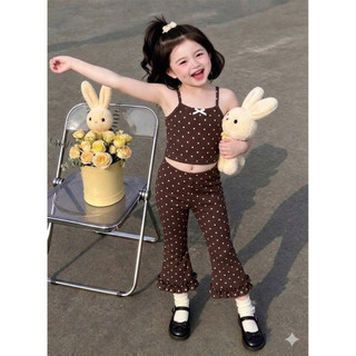 Set chấm bi nâu 2 dây quần ống loe cho bé từ 8-23kg