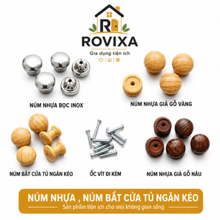 Núm Tủ Tròn Kèm Vít(giá 5 cái) - Núm Bọc Inox, Núm Nhựa Giả Gỗ Vàng, Giả Gỗ Nâu - Tay Nắm Cửa Tủ Ngăn Kéo
