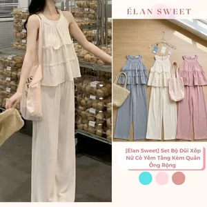 Set Bộ Đũi Xốp Nữ Cổ Yếm Tầng Kèm Quần Ống Rộng - Bộ Quần Áo Kiểu Dáng Suông Đi Biển Đi Chơi