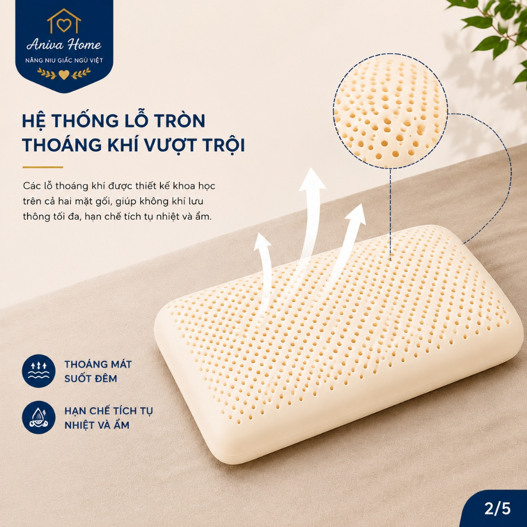 Gối Cao Su Thiên Nhiên Oval Cao Cấp Aniva Home Tặng Vỏ Gối - Gối Ngủ Thoáng Khí, Đàn Hồi Tốt