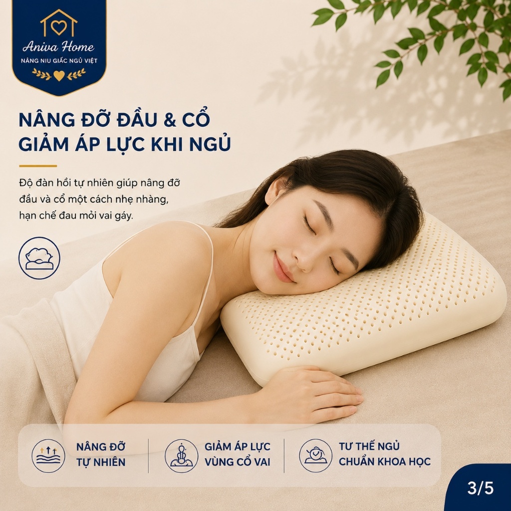 Gối Cao Su Thiên Nhiên Oval Cao Cấp Aniva Home Tặng Vỏ Gối - Gối Ngủ Thoáng Khí, Đàn Hồi Tốt