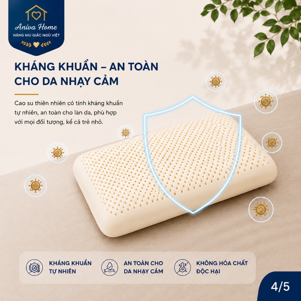 Gối Cao Su Thiên Nhiên Oval Cao Cấp Aniva Home Tặng Vỏ Gối - Gối Ngủ Thoáng Khí, Đàn Hồi Tốt