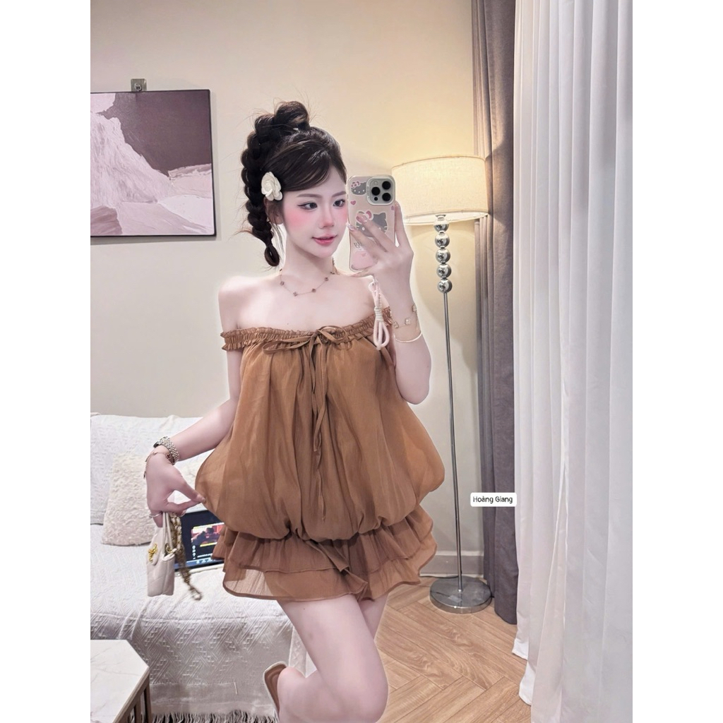 Váy tơ trễ vai viền bèo xinh lắm nha