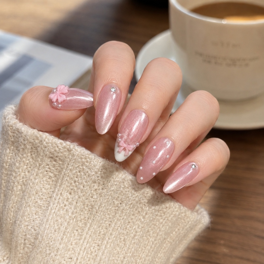 [D02] Móng tay giả dán keo nail box dán sẵn form nhọn dài hồng mắt mèo đính nơ chấm bi tặng keo dán
