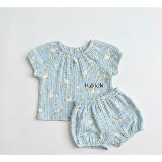 Bộ cộc tay quần bí Xô muslin họa tiết xinh xắn cho bé gái