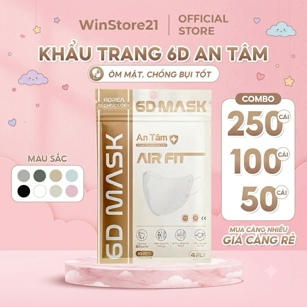 6D MASK - Set 250cái Khẩu trang y tế kháng khuẩn chính hãng An Tâm ôm sát khuôn mặt chống nắng
