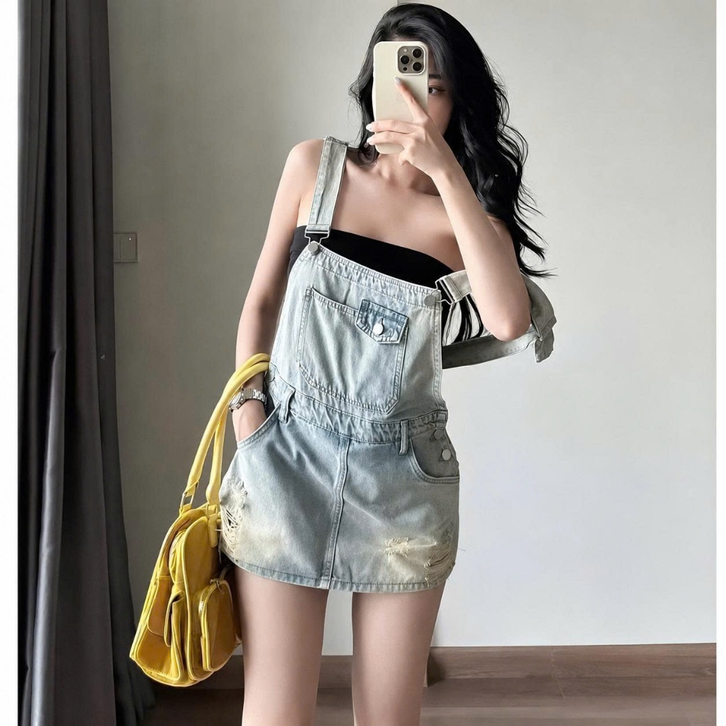 Yếm Bò Nữ Dáng Ngắn  CHEZI HOUSE #8650 , Yếm Jean Chữ A Cạp Cao Rách Sành Điệu Màu Xanh Nhạt Wash.