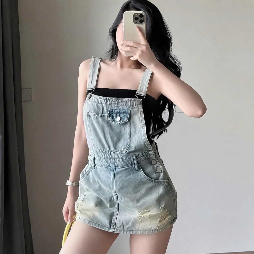 Yếm Bò Nữ Dáng Ngắn  CHEZI HOUSE #8650 , Yếm Jean Chữ A Cạp Cao Rách Sành Điệu Màu Xanh Nhạt Wash.