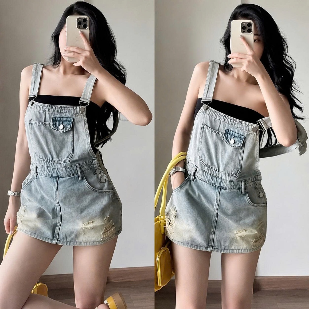 Yếm Bò Nữ Dáng Ngắn  CHEZI HOUSE #8650 , Yếm Jean Chữ A Cạp Cao Rách Sành Điệu Màu Xanh Nhạt Wash.