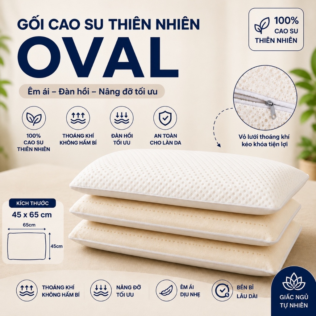 Gối Cao Su Thiên Nhiên Oval Cao Cấp Aniva Home Tặng Vỏ Gối - Gối Ngủ Thoáng Khí, Đàn Hồi Tốt