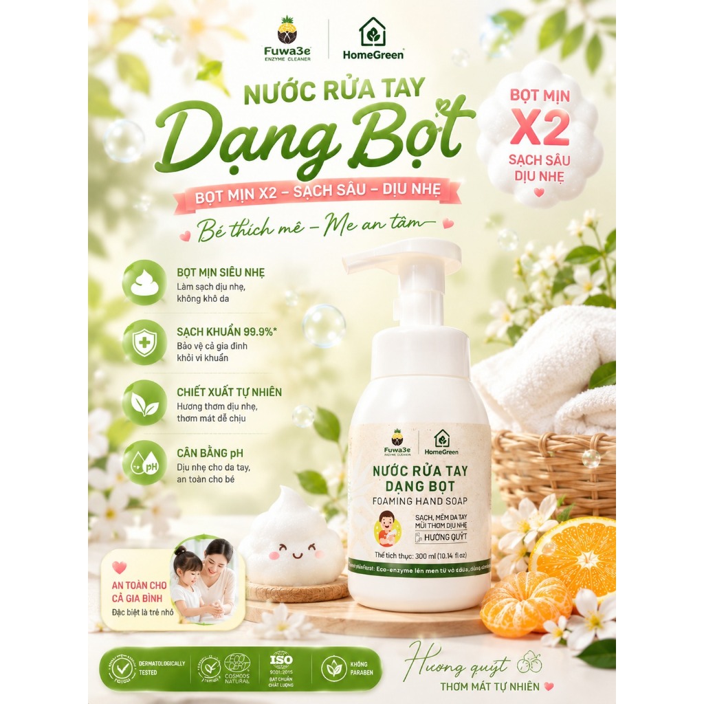 [Fuwa3E Sống Xanh] Nước rửa tay bọt hữu cơ Fuwa3e mùi tinh dầu quýt từ chế phẩm Enzyme sinh học 300ml
