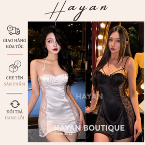 HT137 Váy ngủ sexy phối ren hông xuyên thấu kèm ĐỆM LÓT, đồ ngủ lụa hở lưng gợi cảm HT137