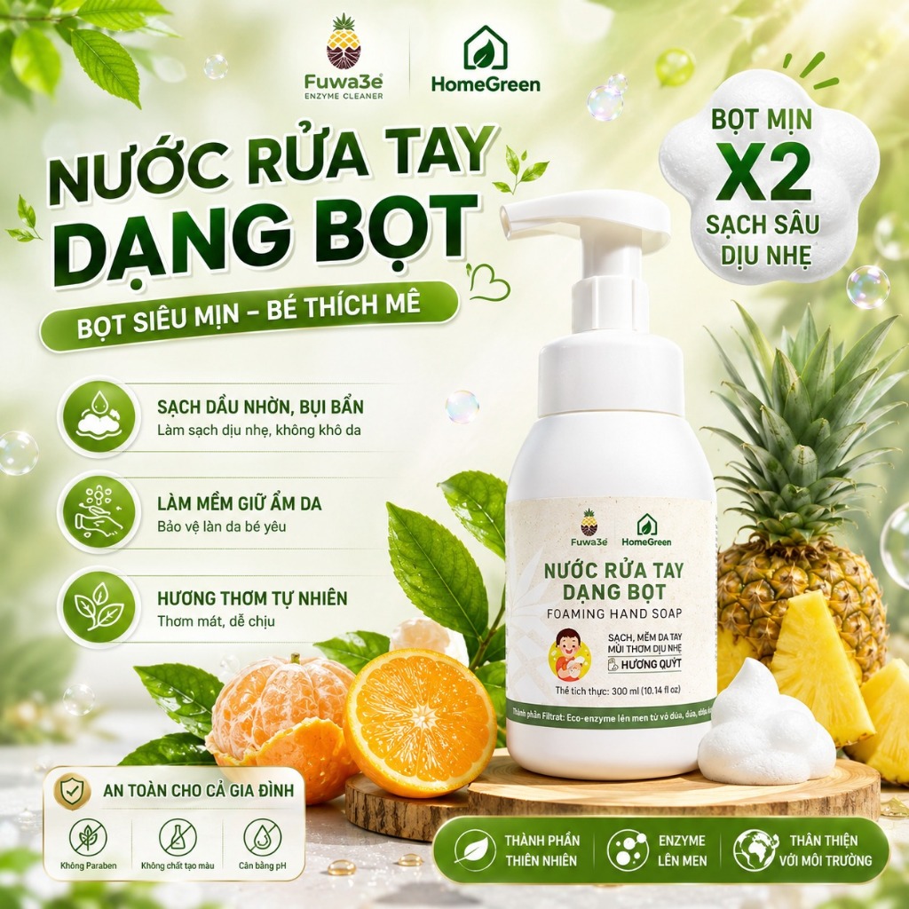[Fuwa3E Sống Xanh] Nước rửa tay bọt hữu cơ Fuwa3e mùi tinh dầu quýt từ chế phẩm Enzyme sinh học 300ml