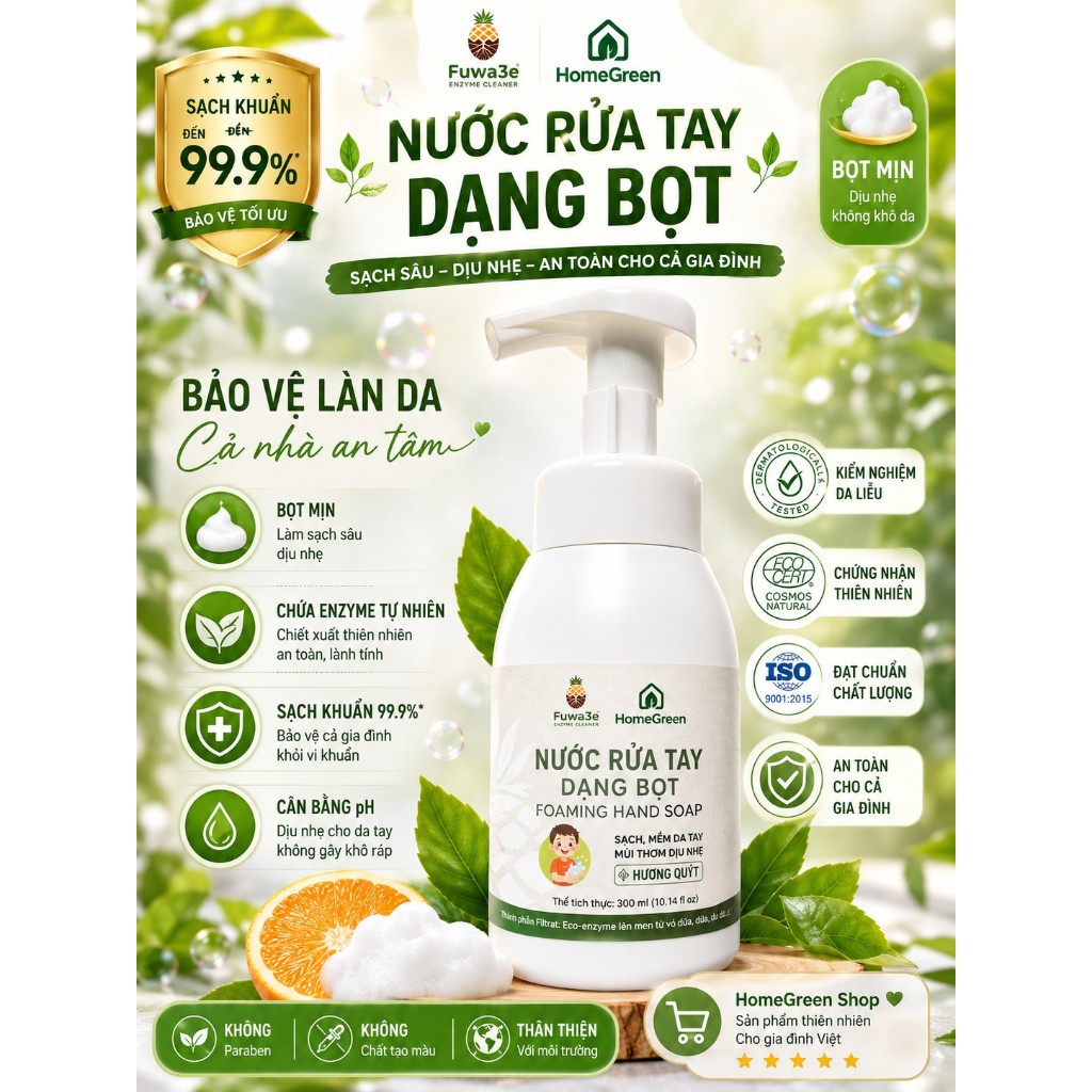 [Fuwa3E Sống Xanh] Nước rửa tay bọt hữu cơ Fuwa3e mùi tinh dầu quýt từ chế phẩm Enzyme sinh học 300ml