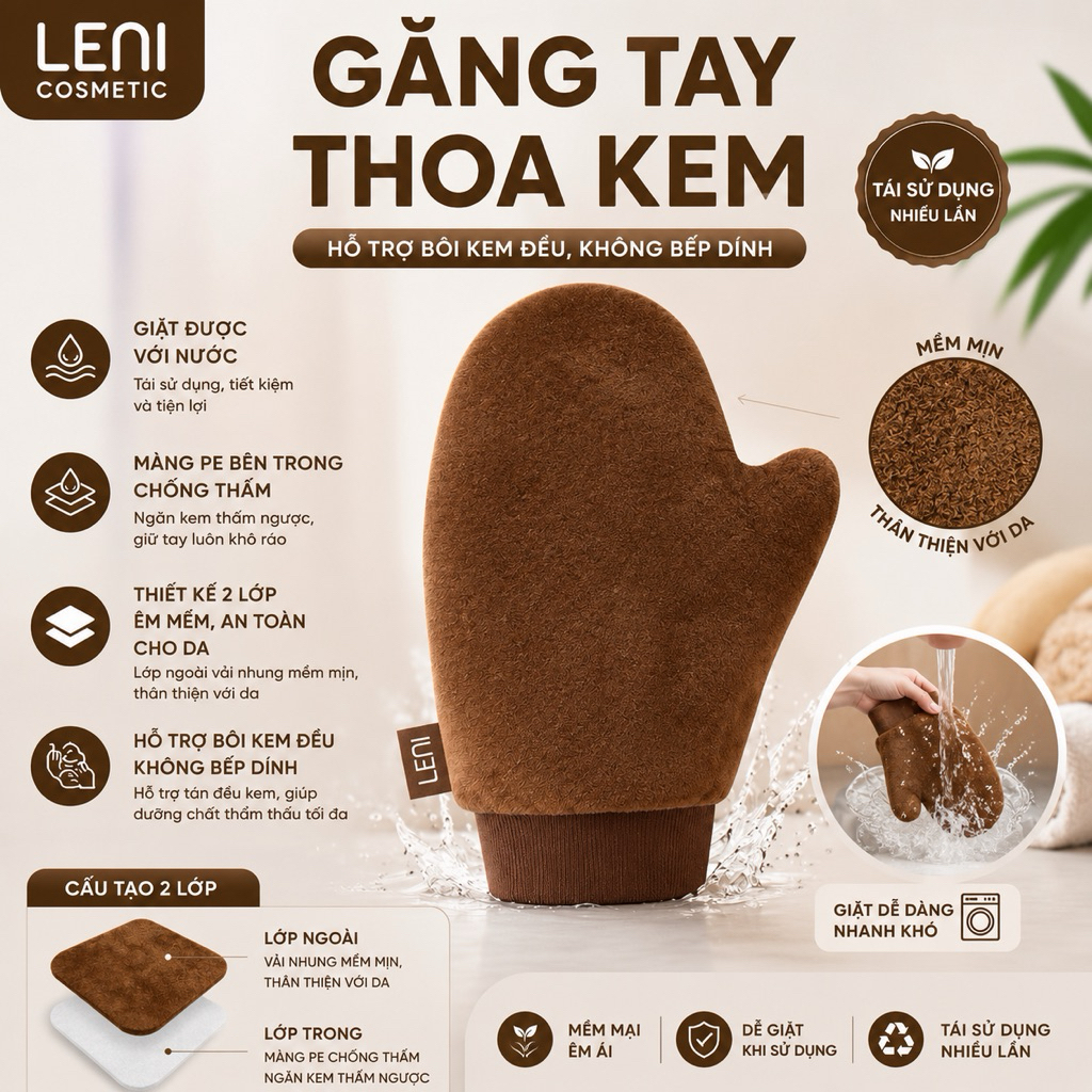 GANG TAY THOA KEM CAO CẤP LENI hỗ trợ bôi kem đều,không bết dính,giặt được với nước,thiết kế 2 lớp chống thấm