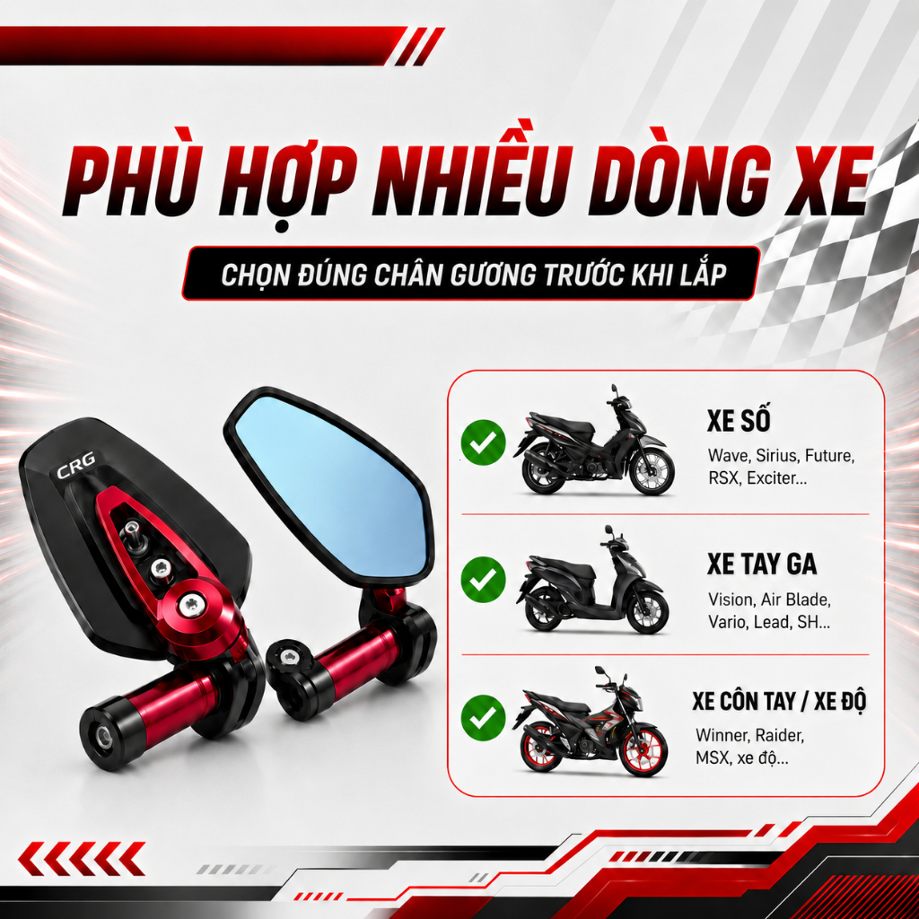 Gương Gù CRG Gắn Chân Gương Xe Máy, Full Nhôm, Mặt Kính Xanh, Có Bán Lẻ