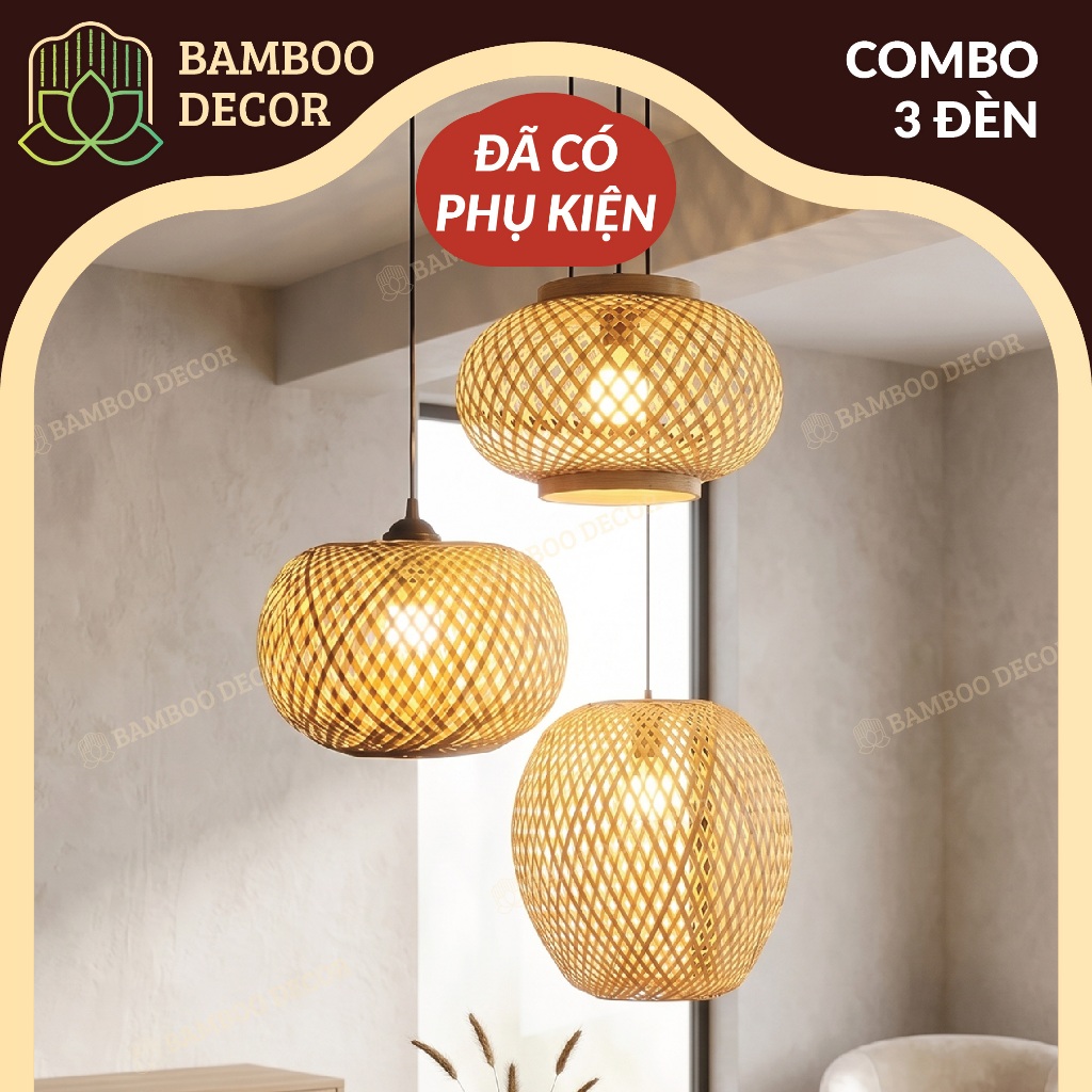 Đèn Mây Tre Đan HÌNH CẦU, HÌNH TÁO, ĐÈN LỒNG, 3 Thân - Đèn Tre Trang Trí Nhà Cửa, Nhà Hàng, Quán Cafe - Bamboo Decor