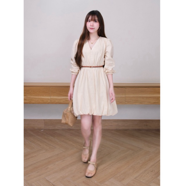 Đầm maxi Chililuu váy bồng xoè dáng ngắn cổ V chiết eo tay dài phong cách tiểu thư thanh lịch