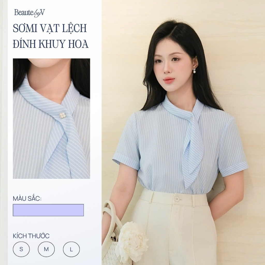 Áo sơmi nữ ngắn tay thắt vạt lệch đính khuy hoa Amon BEAUTEBYV công sở thanh lịch