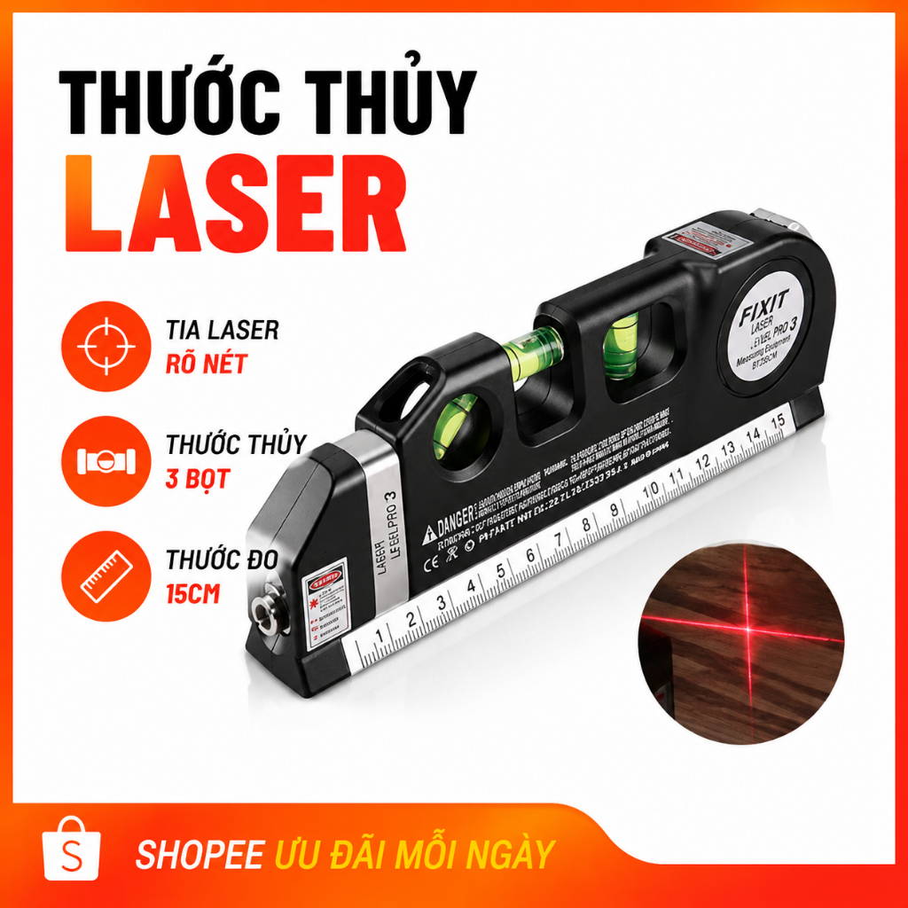 Thước Thủy Laser Đa Năng 3 Trong 1|Thước Cuộn 2.5M|Đo Ngang Đo Dọc 45°|Cân Bằng Chính Xác