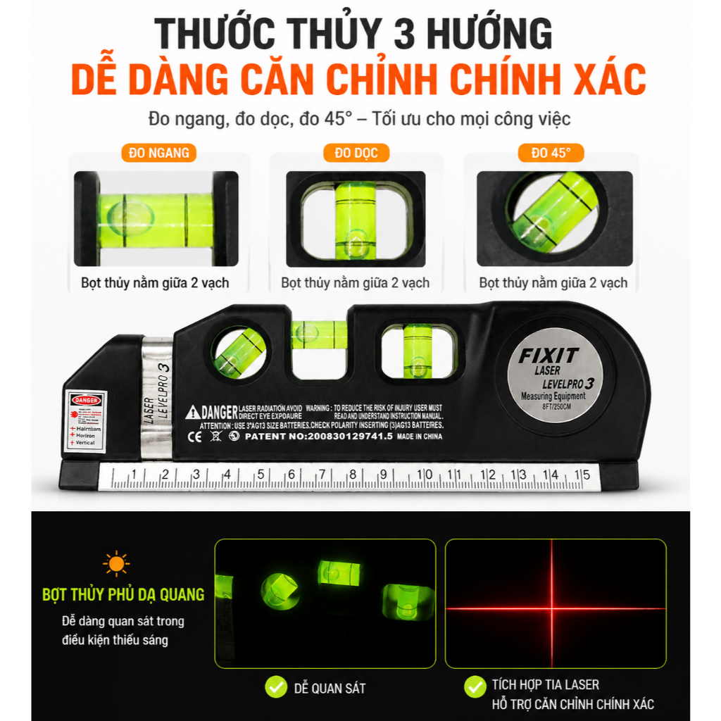 Thước Thủy Laser Đa Năng 3 Trong 1|Thước Cuộn 2.5M|Đo Ngang Đo Dọc 45°|Cân Bằng Chính Xác