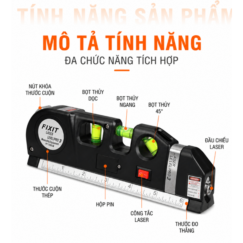 Thước Thủy Laser Đa Năng 3 Trong 1|Thước Cuộn 2.5M|Đo Ngang Đo Dọc 45°|Cân Bằng Chính Xác