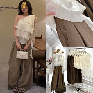SEP House - Set tơ gân lệch vai bèo tầng thêu tua rua phối quần kaki nâu dài ống rộng trendy ,thanh lịch - Ảnh thật