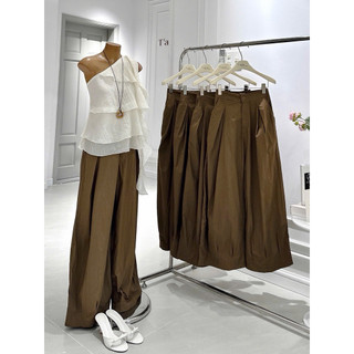 SEP House - Set tơ gân lệch vai bèo tầng thêu tua rua phối quần kaki nâu dài ống rộng trendy ,thanh lịch - Ảnh thật