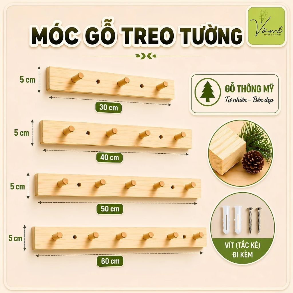 Móc Gỗ Treo Tường Cao Cấp Vòm Decor – Treo Quần Áo, Túi Xách, Phụ Kiện – Gỗ Thông Mỹ MK010