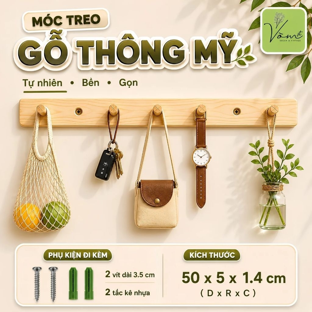 Móc Gỗ Treo Tường Cao Cấp Vòm Decor – Treo Quần Áo, Túi Xách, Phụ Kiện – Gỗ Thông Mỹ MK010