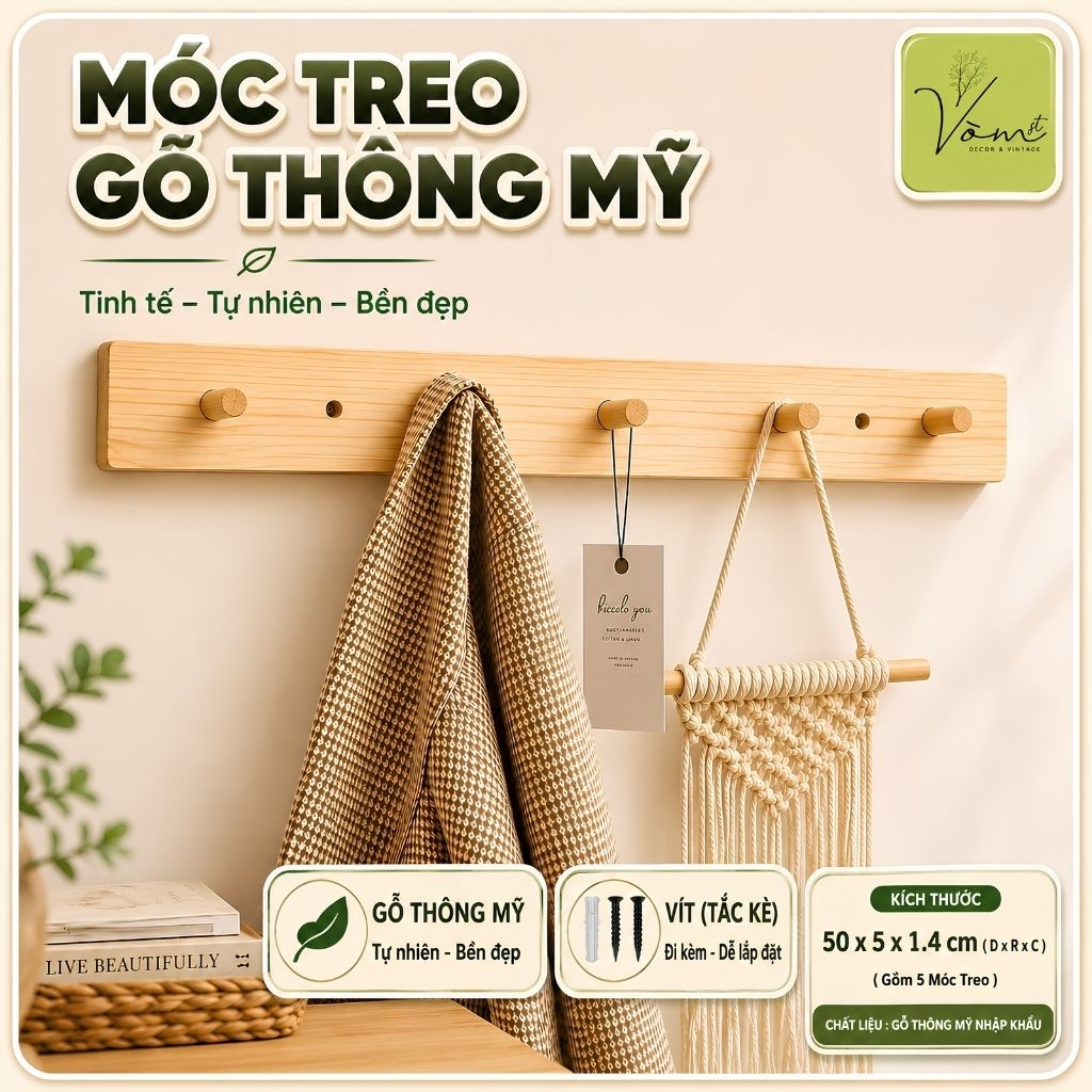 Móc Gỗ Treo Tường Cao Cấp Vòm Decor – Treo Quần Áo, Túi Xách, Phụ Kiện – Gỗ Thông Mỹ MK010