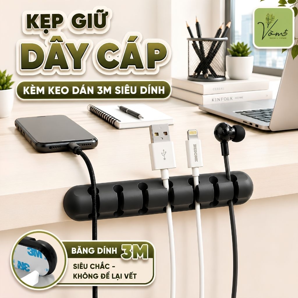 Kẹp Giữ Dây Cáp Silicone Cao Cấp Vòm Decor – Cố Định Cáp Sạc Điện Thoại, Laptop, Tablet – Dán Bàn Keo 3M Siêu Dính Mã K