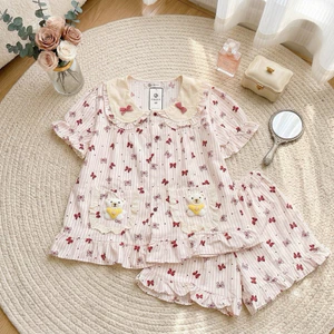 Bộ đồ ngủ nữ Pyjama set quần đùi họa tiết nơ gấu phong cách tiểu thư xinh xắn