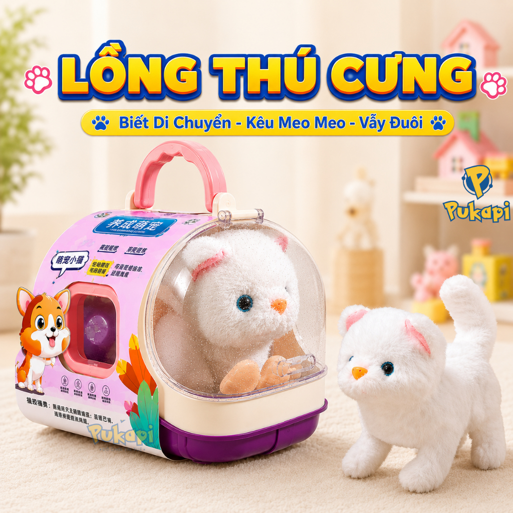 Đồ Chơi Lồng Mèo Con Mèo Lồng Thỏ Cho Bé Chăm Sóc Thú Cưng Biết Đi Biết Kêu Kèm Phụ Kiện- Đồ Chơi Cho Bé PUKAPI