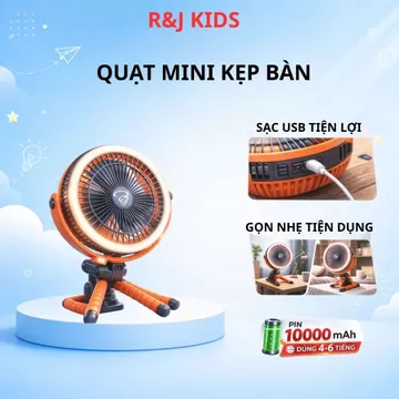 Quạt Mini Kẹp Bàn Tích Điện 360° Có Đèn LED – 3 Chế Độ Gió Siêu Mát, Sạc USB Dùng 4-6H, Quạt Kẹp Bàn Để Bàn Văn Phòng