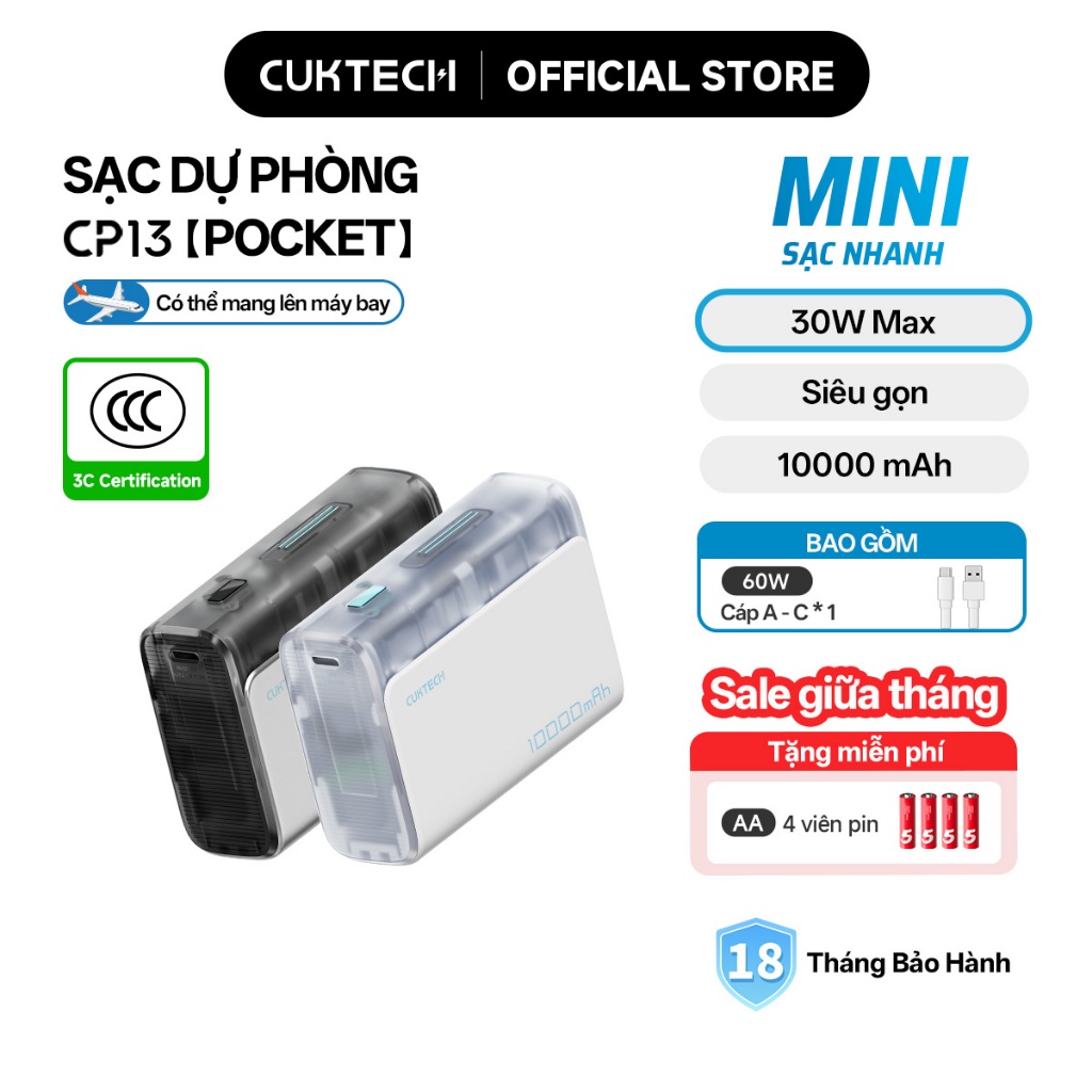 【Được chứng nhận CCC】CUKTECH Pin Dự Phòng Mini 10000mAh Sạc Nhanh 30W – Hỗ Trợ iP16/15/14