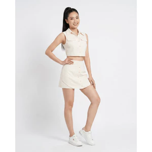 Set Áo Sơmi Croptop Nữ Chân Váy Mini Vàng Nhạt
