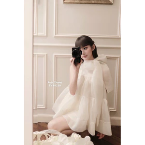 Set áo babydoll tơ xoè cổ yếm nơ quần sooc chấm bi