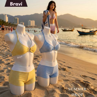 Bikini 2 Mảnh Nữ Gợi Cảm Caro Phối Trắng 2 Lớp Có Mút Ngực Quần Cạp Cao Đồ Bơi Nữ Đi Biển BRAVI vàng caro