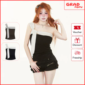 Áo lệch vai nữ GRADPOPU phối nơ bản to chấm bi form ôm body phong cách Y2K tiểu thư Hàn Quốc PB91
