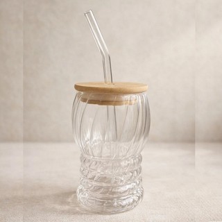 Ly thủy tinh nắp gỗ kèm ống hút chịu nhiệt dung tích 400 ml cao cấp