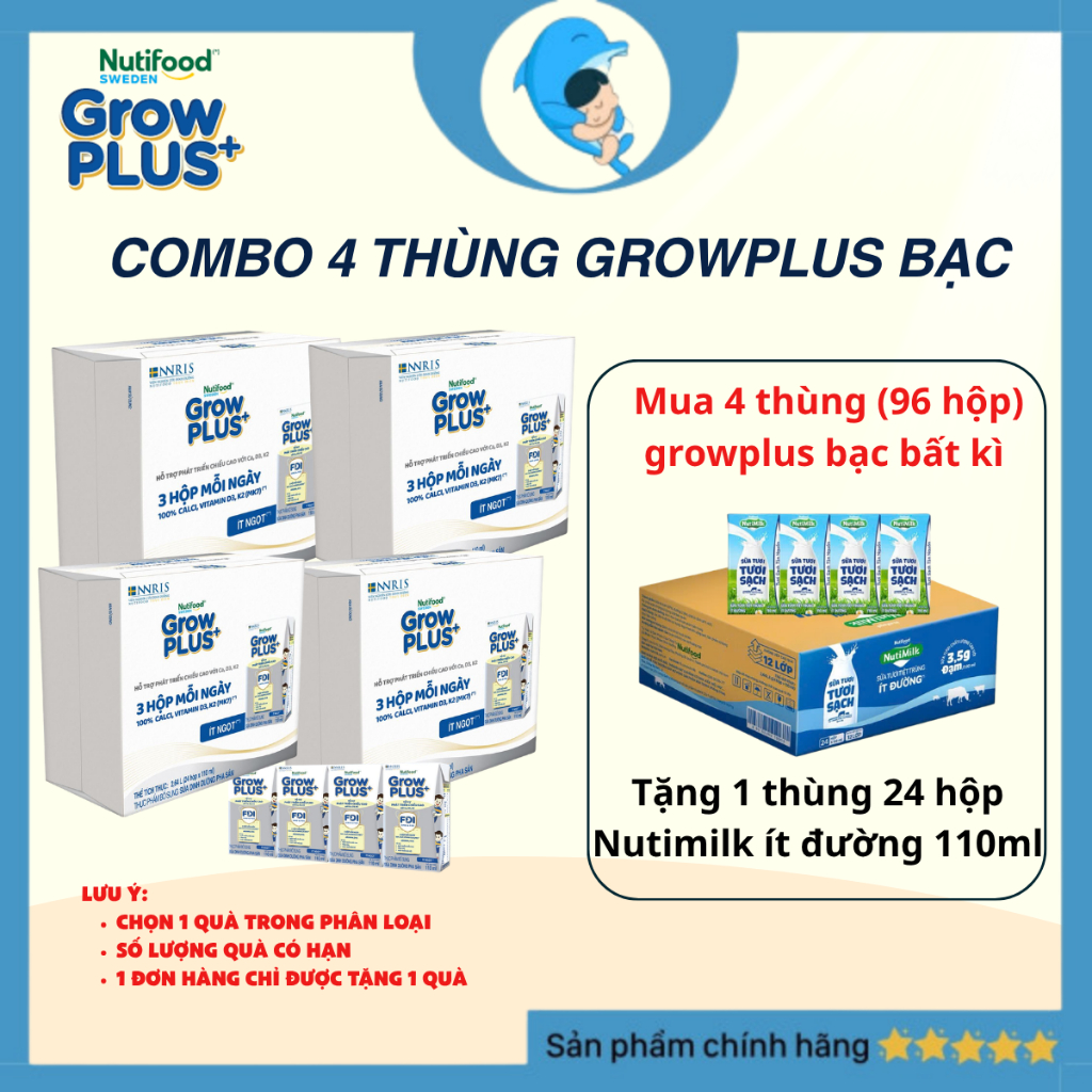 [KT] [Combo 4 thùng bạc tặng quà] Sữa Bột Pha Sẵn  Grow plus+ Cao lớn vượt trội 110ml/180ml MECAHEO ( 24 hộp/thùng)